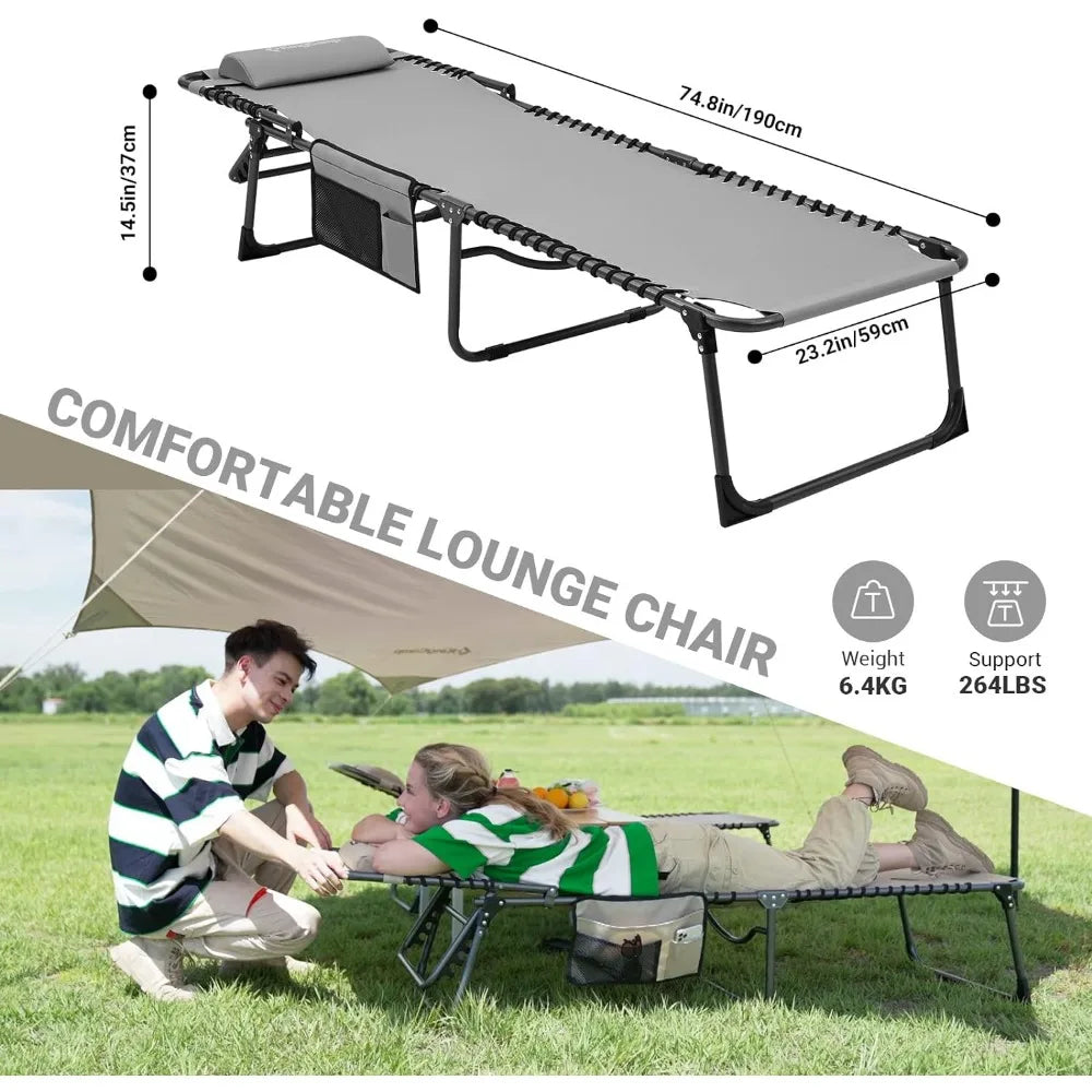 Outdoor 5 Position Adjustable Chaise Lounge Chair with Removable Pillow & Pocket, Fold Up & Use Carry Handle or Shoulder Strap, 2 pcs