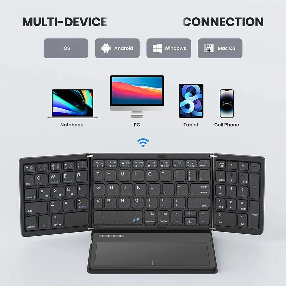 Foldable Bluetooth-Compatible Keyboard with Large Touchpad, Quadruple Folding Portable Travel Keyboard for Android, IOS, Windows