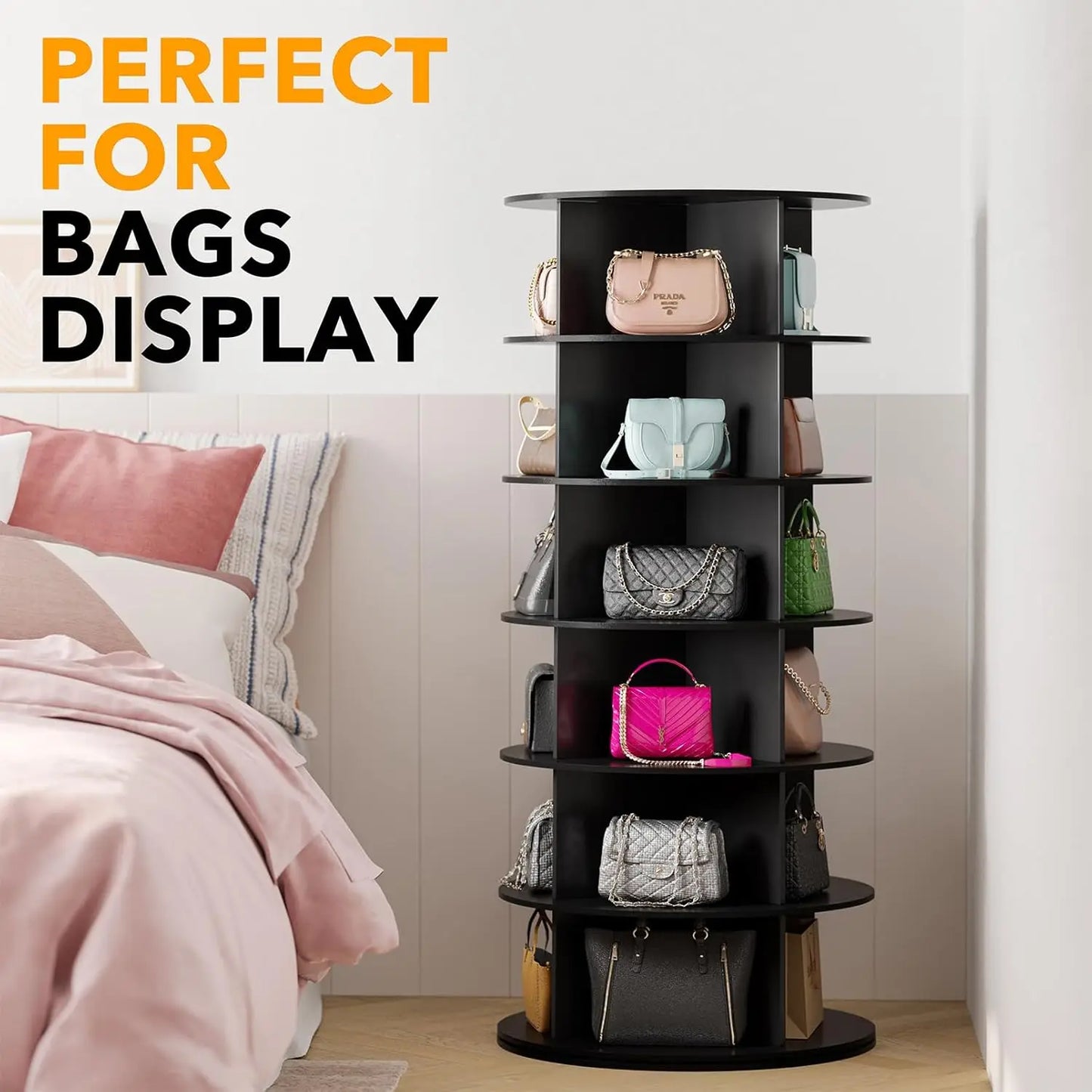 Rotating Shoe Organizer Tower 6-Tier, Space-Saving Vertical Handbag Display, Living Room Spinning Display Case