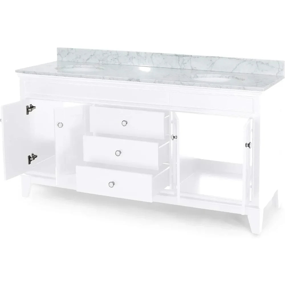 Double Ceramic Sink Bathroom Vanity with Marble Top, 3 Drawers & 2 Double Door Cabinets, 61" or 73" Length Options