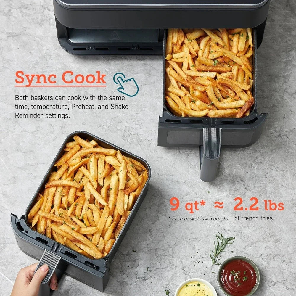 Dual Basket Air Fryer 9 qt. with 8 Fast Functions, Sync Cook, Sync Finish & Shake Basket Reminder Settings