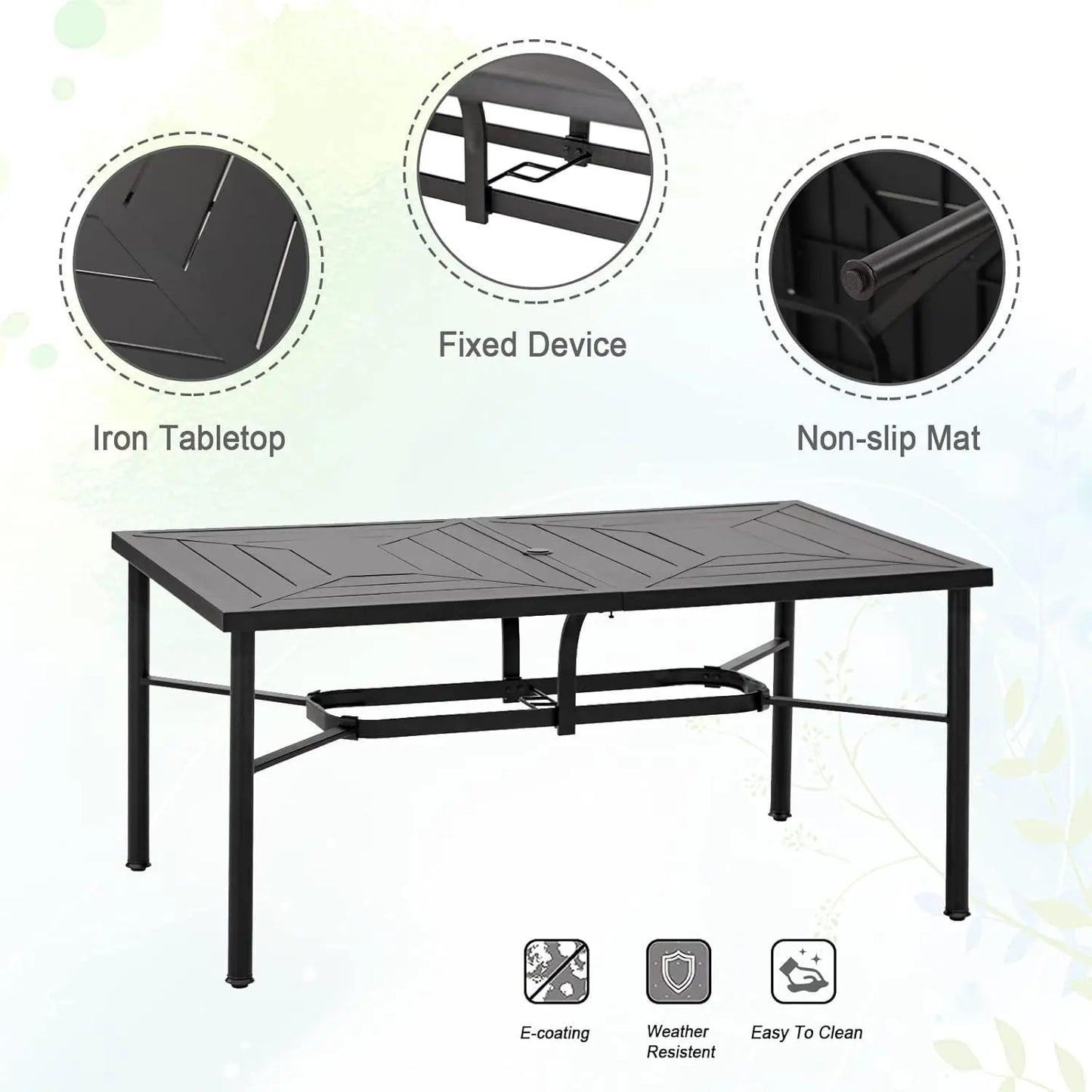 Large Metal Rectangular Weather-Resistant Dining Table with Umbrella Hole, Anti-Rust Electro Coated Steel Frame & Leg Connector Design