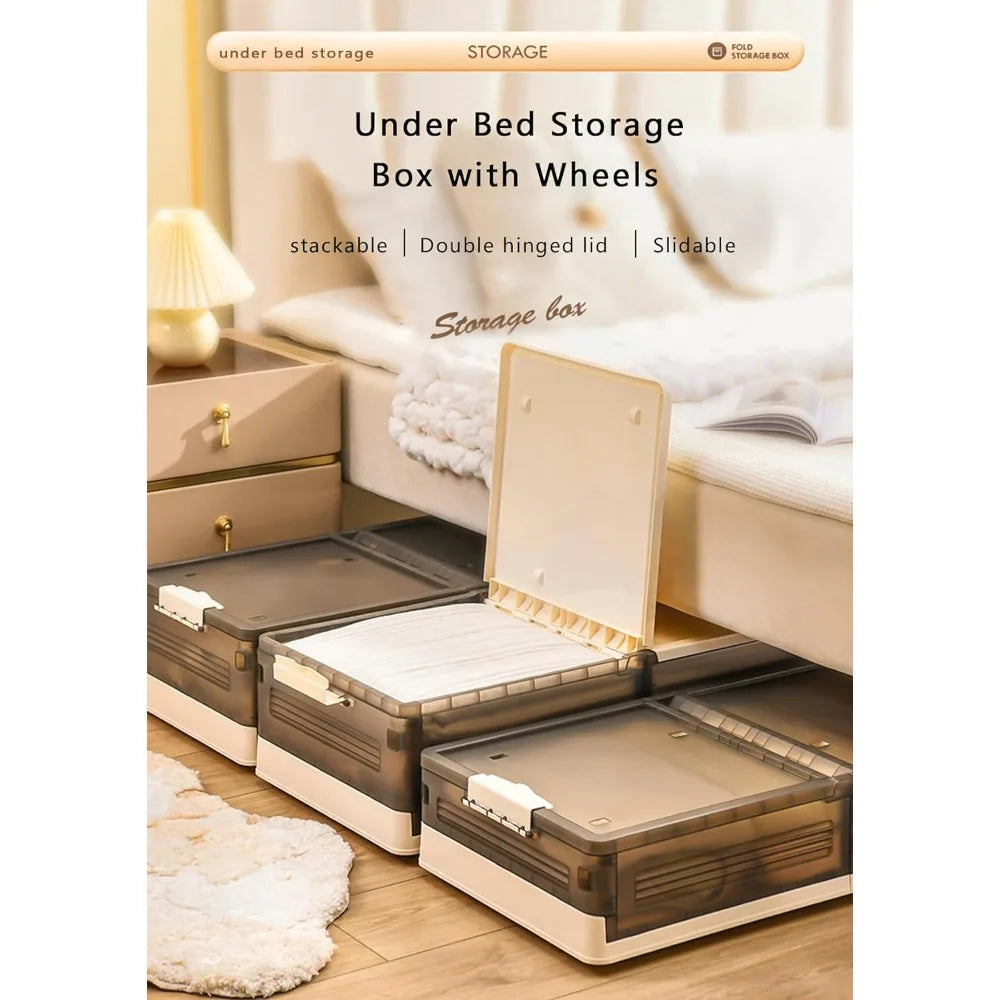 Under the Bed Storage with Wheels, 2 Pack, Stackable Plastic Storage Box with Double Hinged Lid