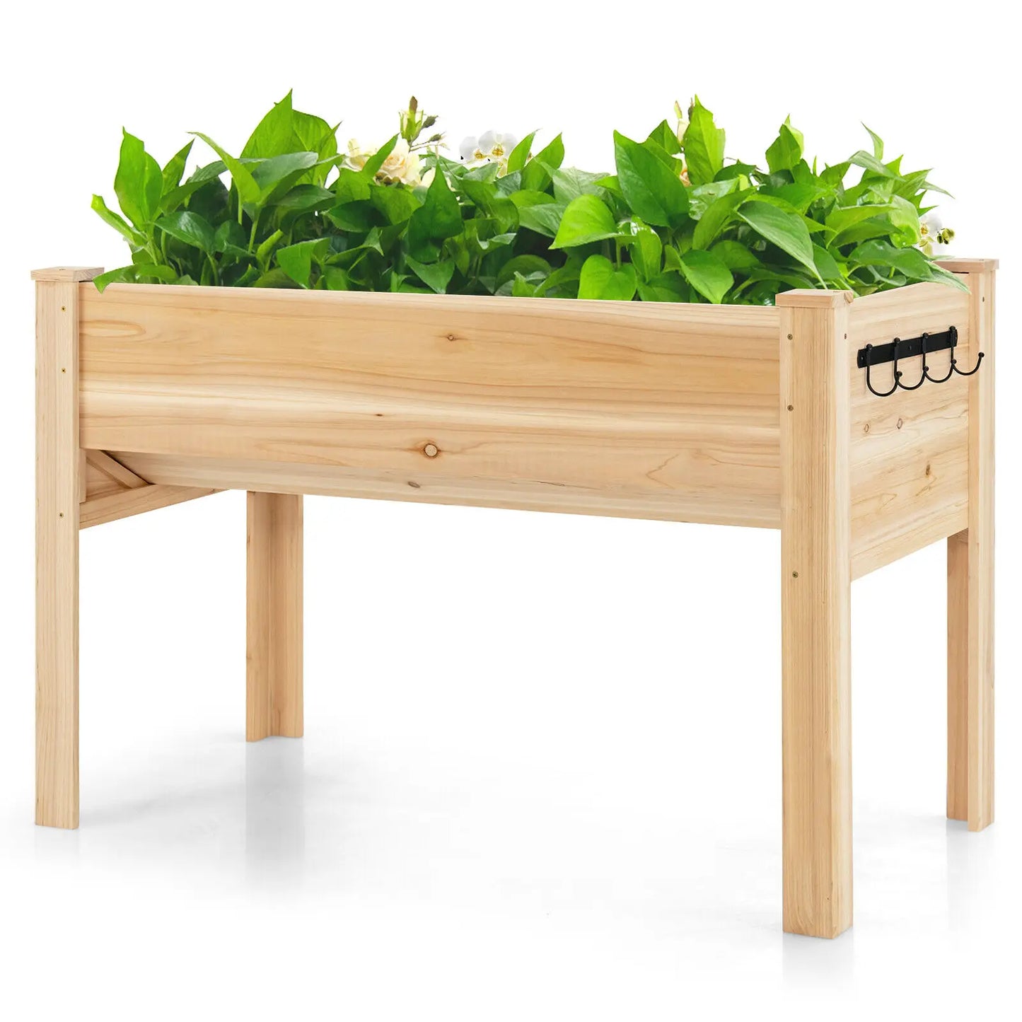 Elevated Garden Bed Wood Stand with Sloped Bottom Design, 4 Tool Hooks