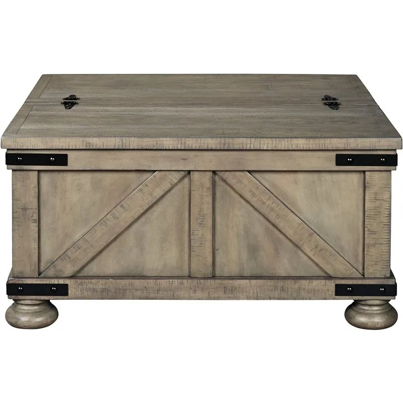 Farmhouse Square Coffee Table with Hidden Storage under 2 Side-Hinged  Lift Tops, Weathered-Look with Metal Accents