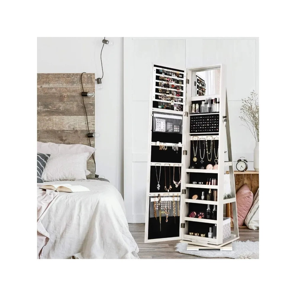 Jewelry Armoire with Full Length Mirror, Inside Makeup Mirror, 3 Backside Storage Shelves & 360° Rotating Base, Lockable Organizer Cabinet