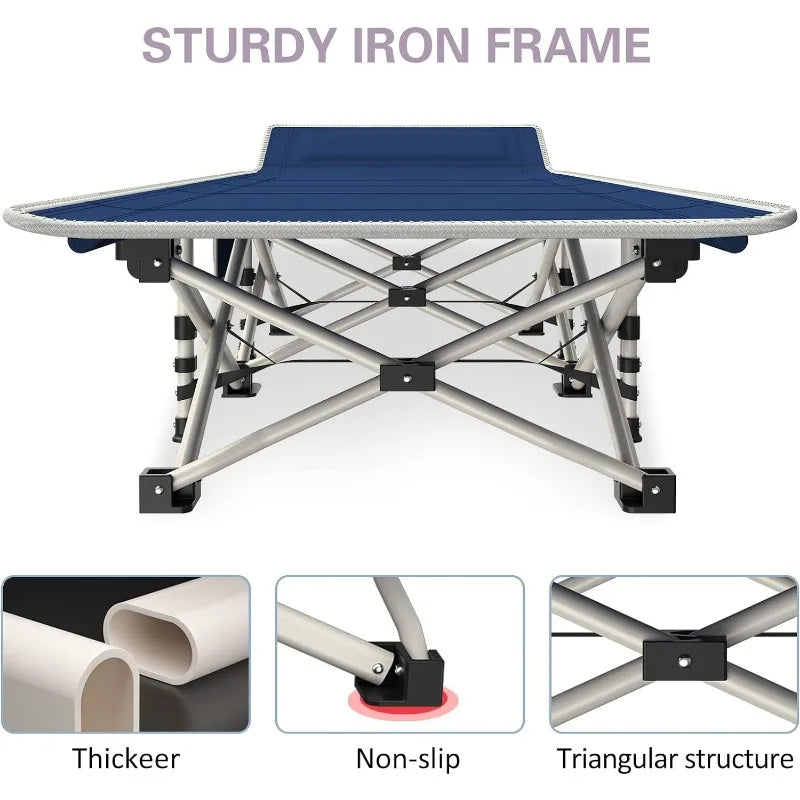 Heavy Duty Steel Frame Camping Cots with Pad, Removable Cushion, Side Storage Pockets & Carry Bag, Foldable & Portable Design, 2 Pack