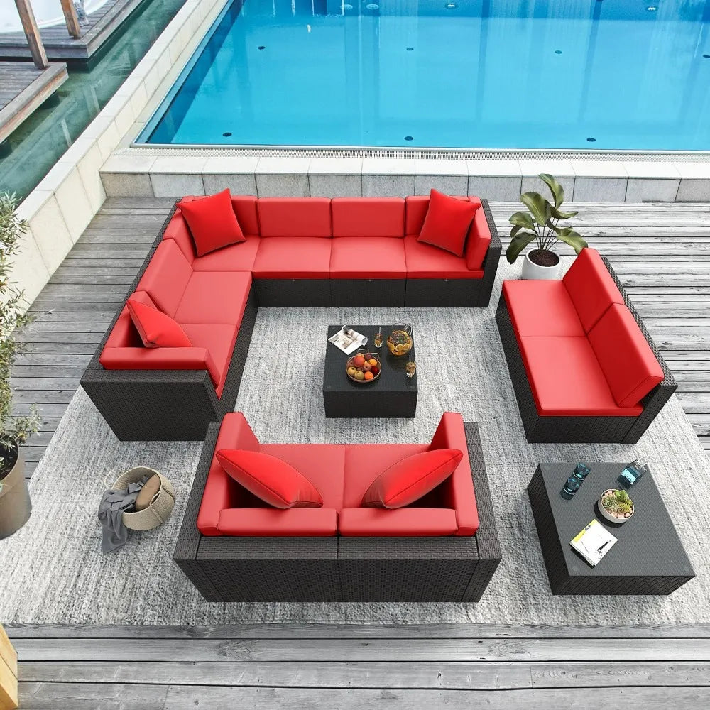 Patio Furniture 12-Piece Set, Outdoor PE Rattan Sectional Sofa with Thickened Cushions & Glass Top Coffee Tables