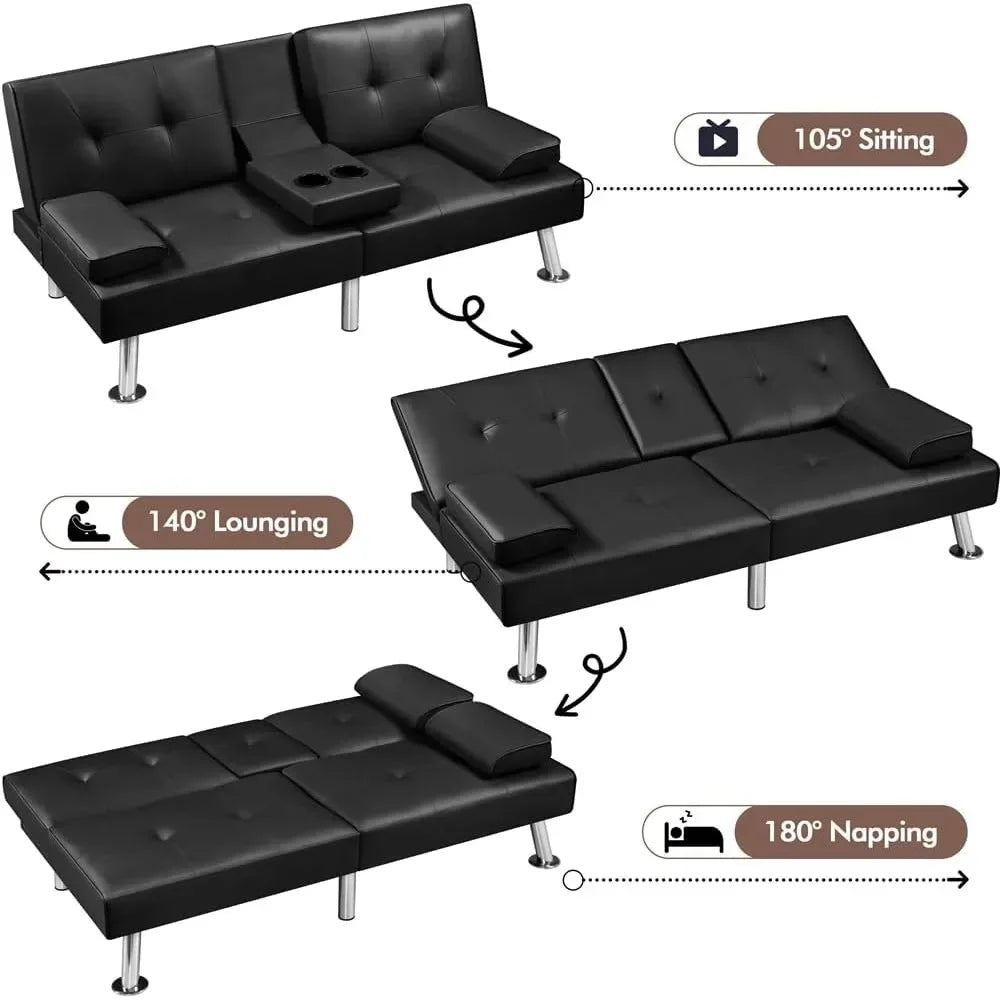 Artificial Leather Sofa Bed with Drop-Down Cup Holders & 2 Throw Pillows, Adjustable Backrest Lays Flat to Create a Platform Bed