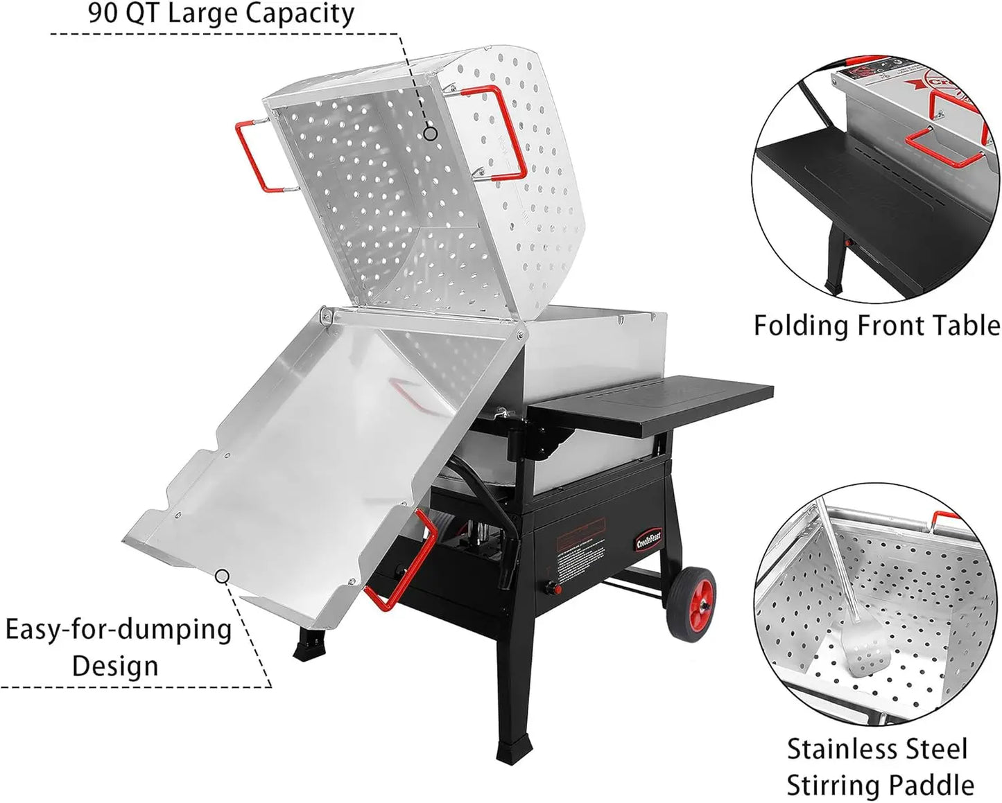 Crawfish Seafood Boiler 90 qt. with 10-psi Regulator & Tank Mounting Bracket, Easy-for-Dumping Design, Folding Front Table