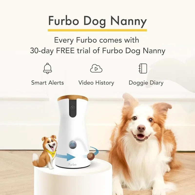 Rotating 360° View Pet Treat Camera with Phone App, Auto Dog Tracking, 2-Way Speaker, Night Vision & Barking Alerts