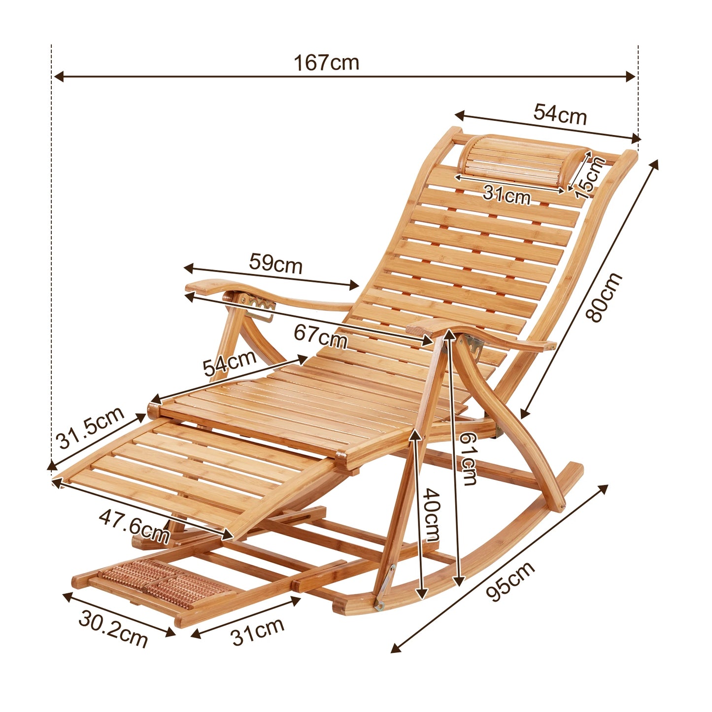 Heavy Duty Bamboo Rocking Lounger Chair with 5-Height Adjustable Backrest, Foot Massage Rolling Balls & Scientific Pillow Design