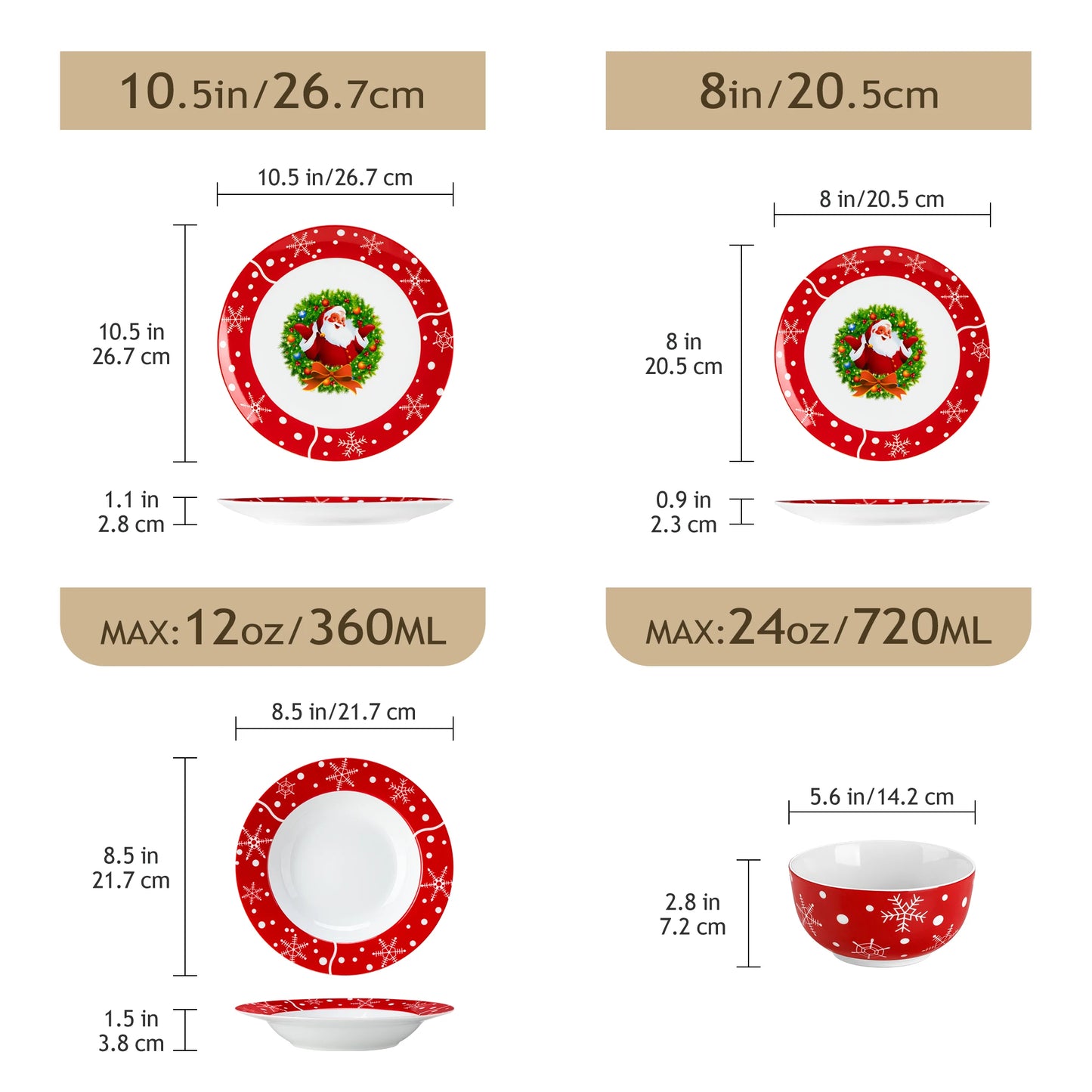 Santa Claus Christmas Dinnerware Set with Dinner Plates, Dessert Plates, Soup Plates & Cups, Premium-Grade Porcelain, Microwave & Dishwasher Safe