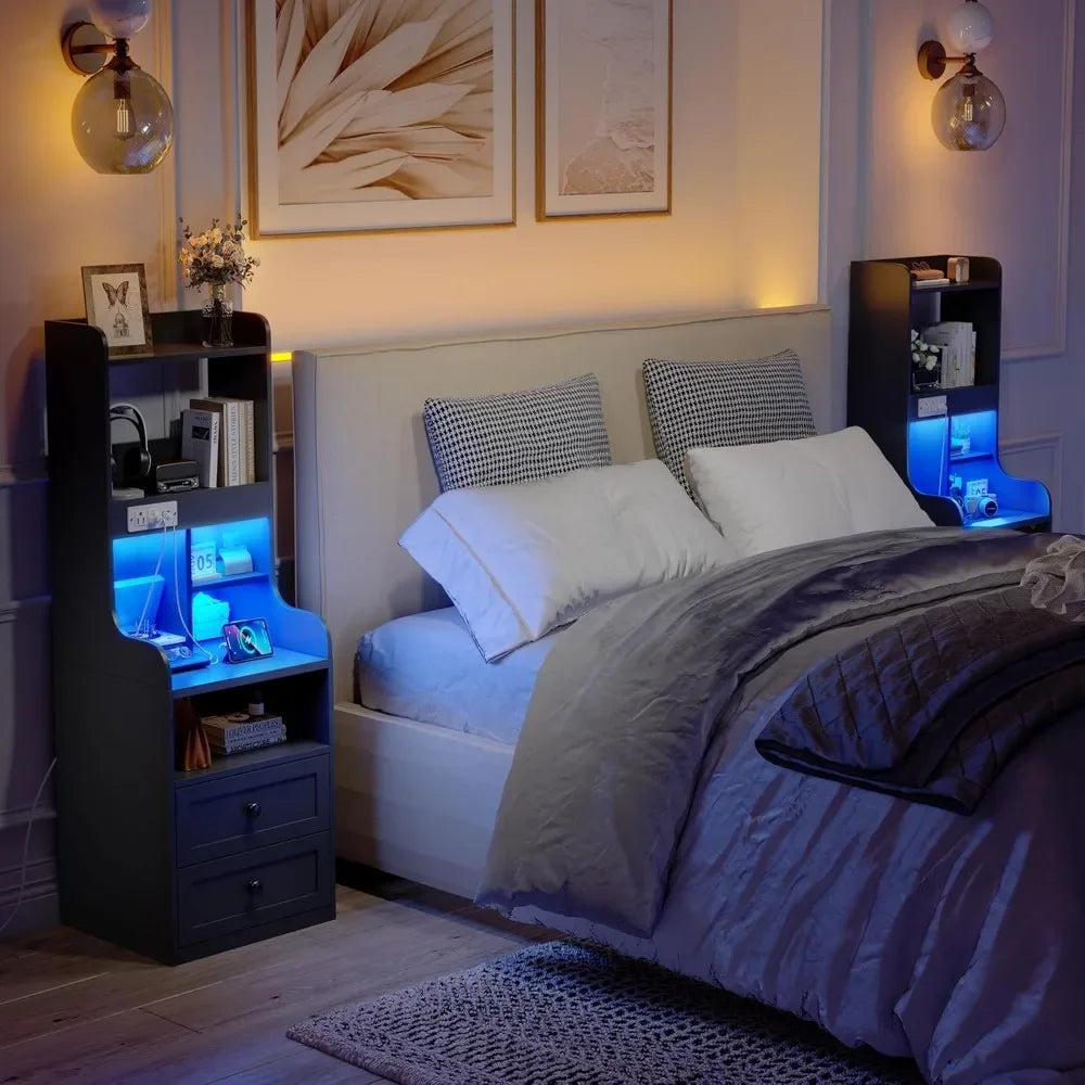 Tall 50.4" Nightstands with Charging Station, 20 Colors RGB LED Lights, 2 Drawers, Shelves, 2 USB Ports & 2 Outlets