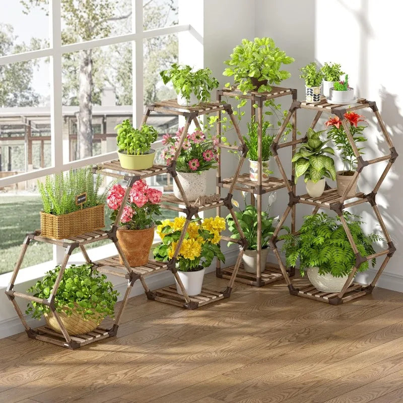 Indoor or Outdoor Hexagonal Plant Stand, 100% Natural Wood, 9,11 & 13 Tiers