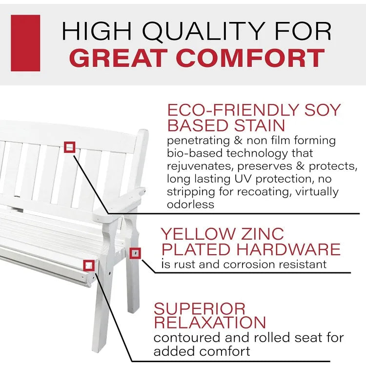 Heavy Duty 4' Roll Back Outdoor Bench in White Stain, Kiln-Dried Pressure Treated Pine for Outdoor Durability