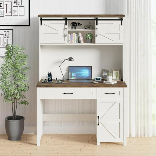 Workstation Computer Desk with On-Off Switch Charging Hub, 2 Sliding Drawers, 2 Storage Cabinets & 6 Cubbies Behind 2 Sliding Doors