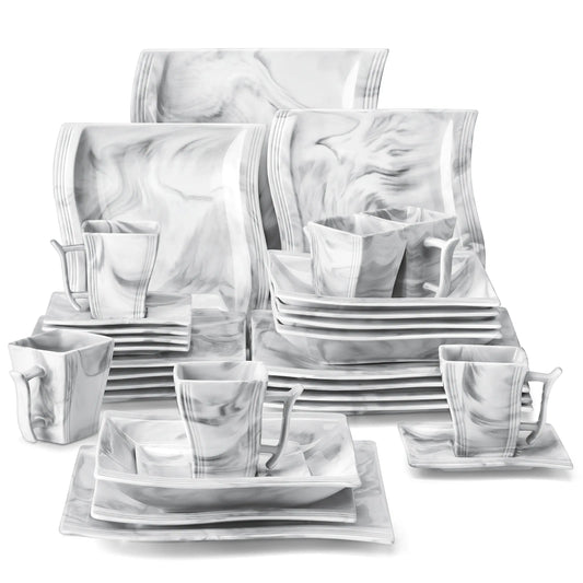 Marble Porcelain Dinnerware Set, Made of Quality Stoneware Porcelain, Microwave & Dishwasher Safe, 30pc or 60pc Sets