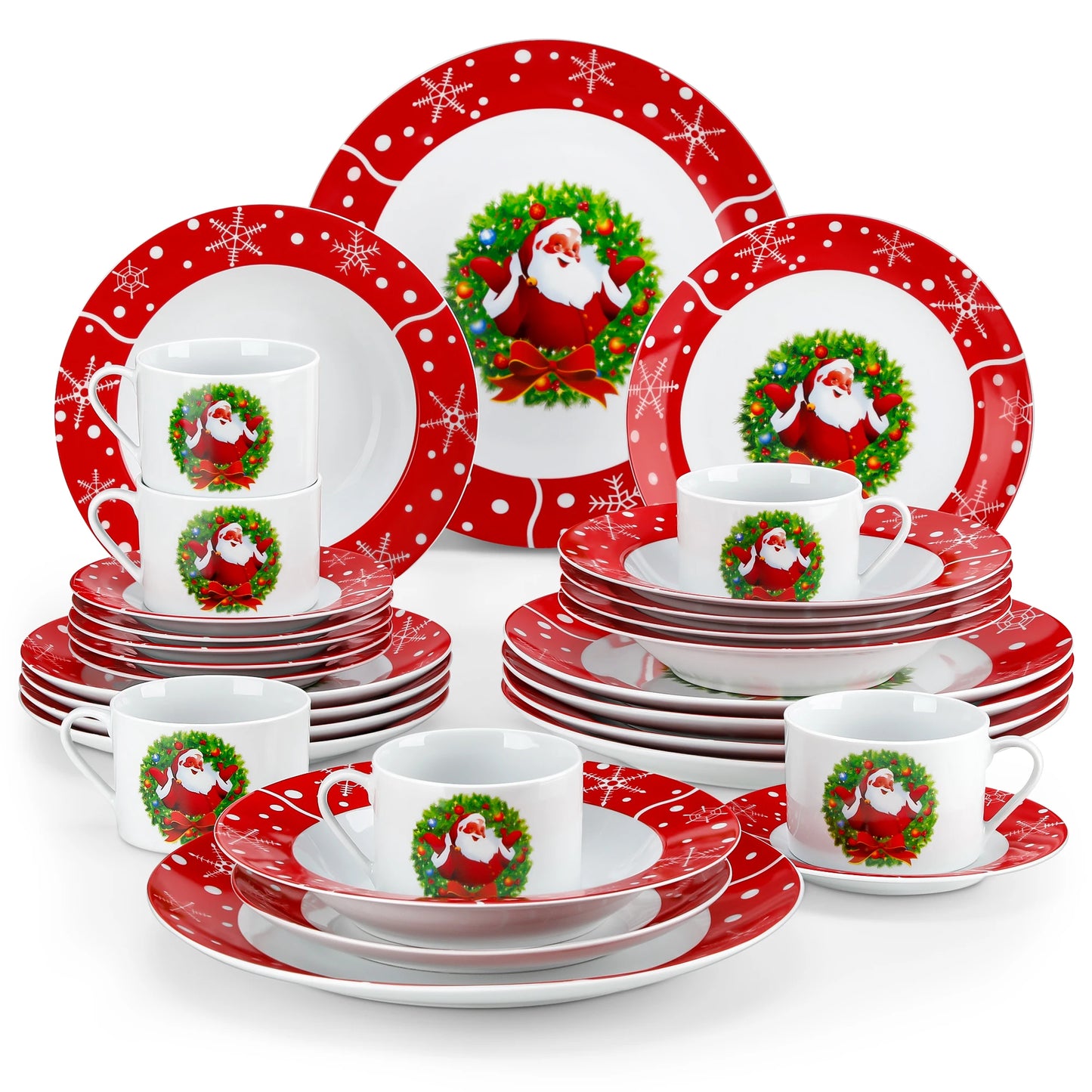 Santa Claus Christmas Dinnerware Set with Dinner Plates, Dessert Plates, Soup Plates & Cups, Premium-Grade Porcelain, Microwave & Dishwasher Safe