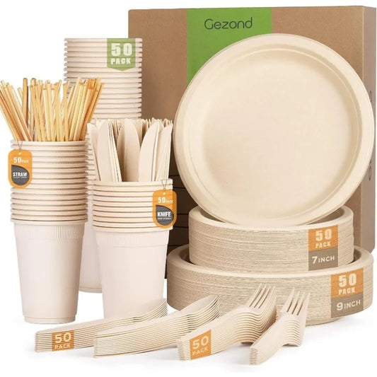 Eco-Friendly, Compostable Plates, Utensils & Cups with Straws, 350pcs