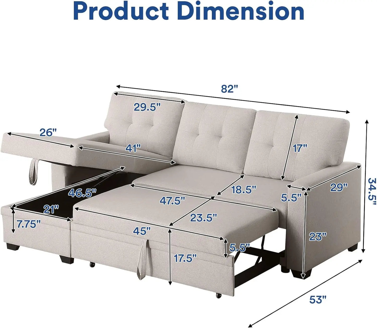 L-Shaped Chaise Couch with Storage & Pull Out Bed, Multifunctional Comfy Sectional Sleeper Sofa