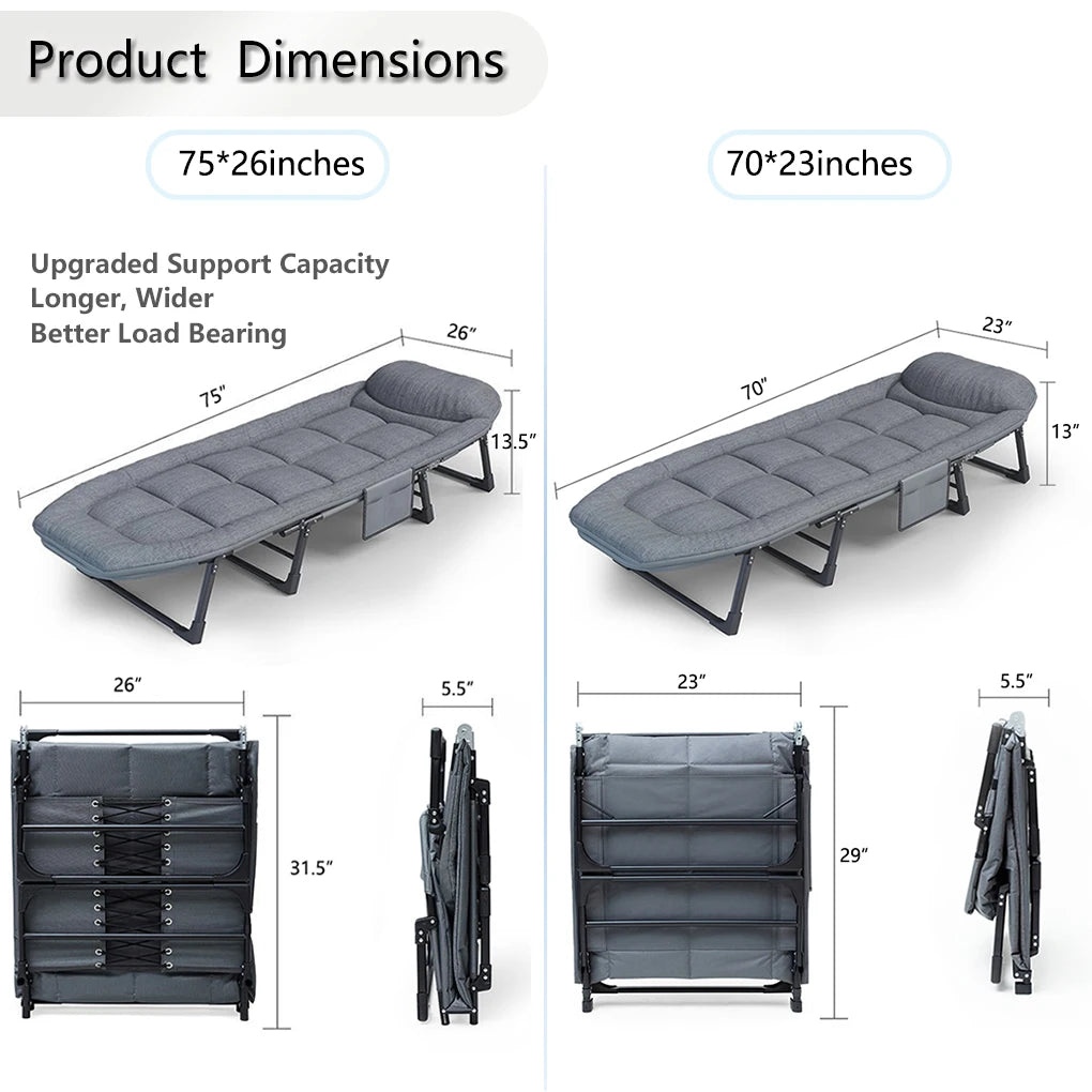 Portable & Foldable Sleeping Cot with Mattress & Built-In Pillow, 6 Position Adjustable Backrest, Heavy Duty U-Bracket Frame