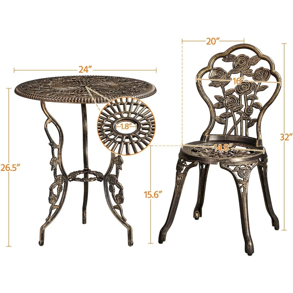 Rust-Resistant Cast Aluminum Table & Chairs, 3-Piece Outdoor Set, Vintage Rose Design, Chairs Feature Concave Seats & Foot Pads