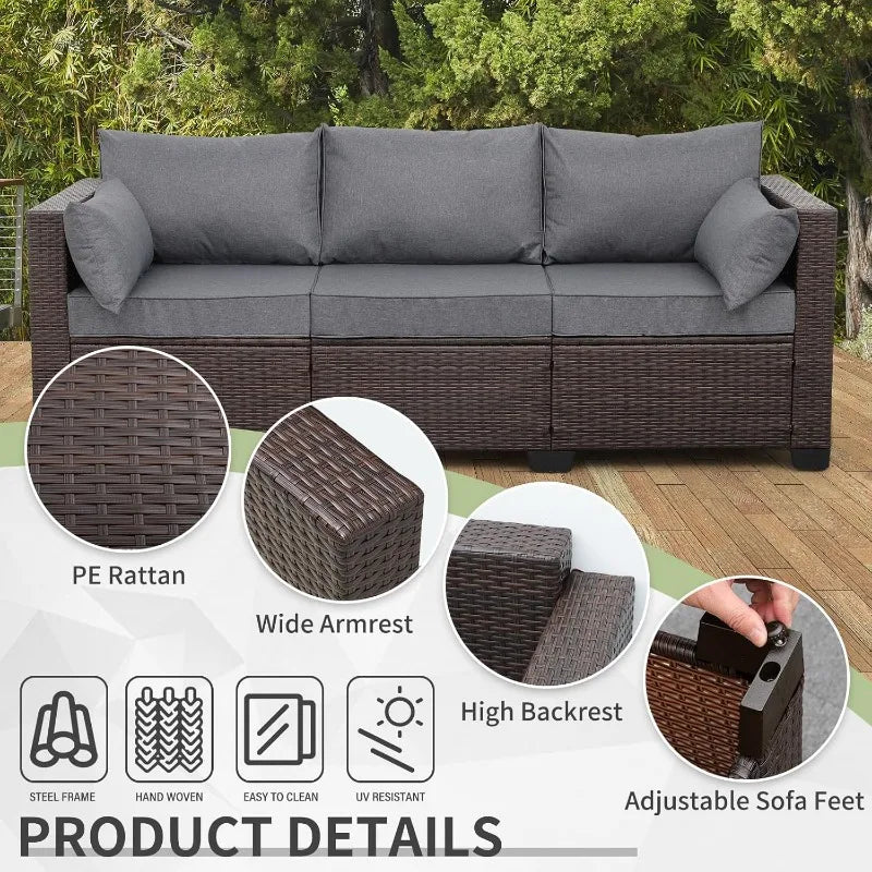 Patio PE Wicker 3-Seat Outdoor Rattan Couch, Deep Seating Sofa with Steel Frame, Non-Slip 4" Thick Cushions & Adjustable Leg Feet