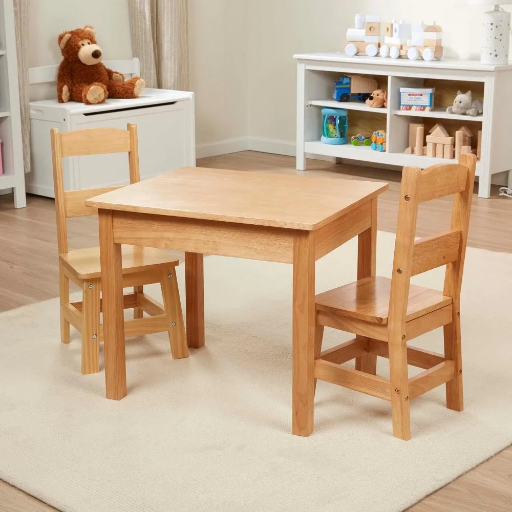 Solid Wood Table & 2 Chairs Set, High Quality Furniture for Kids 3-8 Years Old, Natural Wood Finish