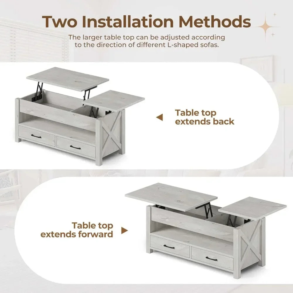 Two-Way Split Lift Top Coffee Table with 2 Storage Drawers & Hidden Storage Compartment