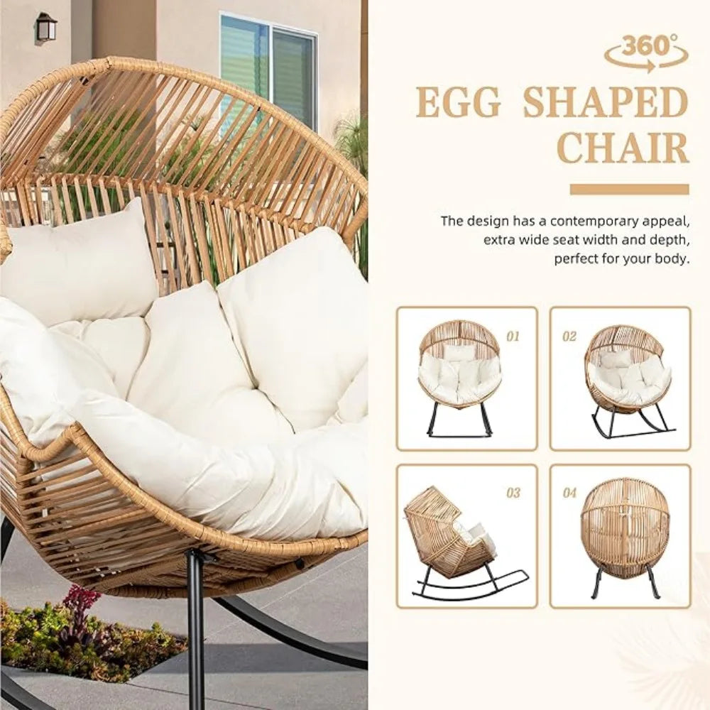 PE Rattan Wicker Rocker Egg Chair with Cushions, Oversized Patio Lounge Chair for Outdoors or Indoors