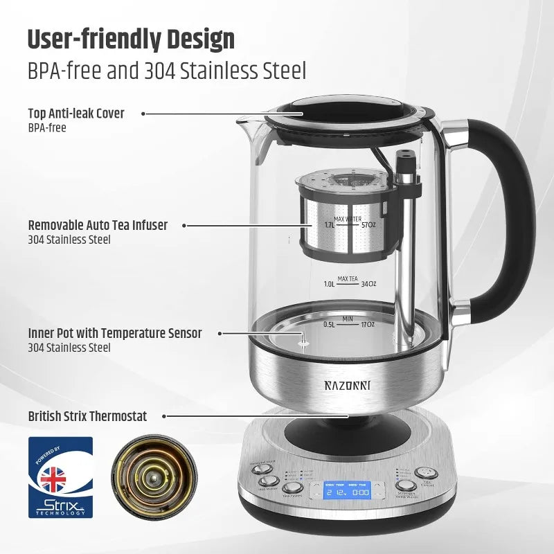 Electric Tea Maker 1.7L with Automatic Infuser Basket, Glass & Stainless Steel Kettle, 5 Temp Presets, 3 Brew Strengths