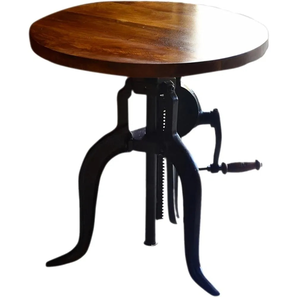 Adjustable Crank Accent End Table with Black Iron Frame, 18" Diameter Mango Wood Tabletop & 19"-28" Adjustable Height