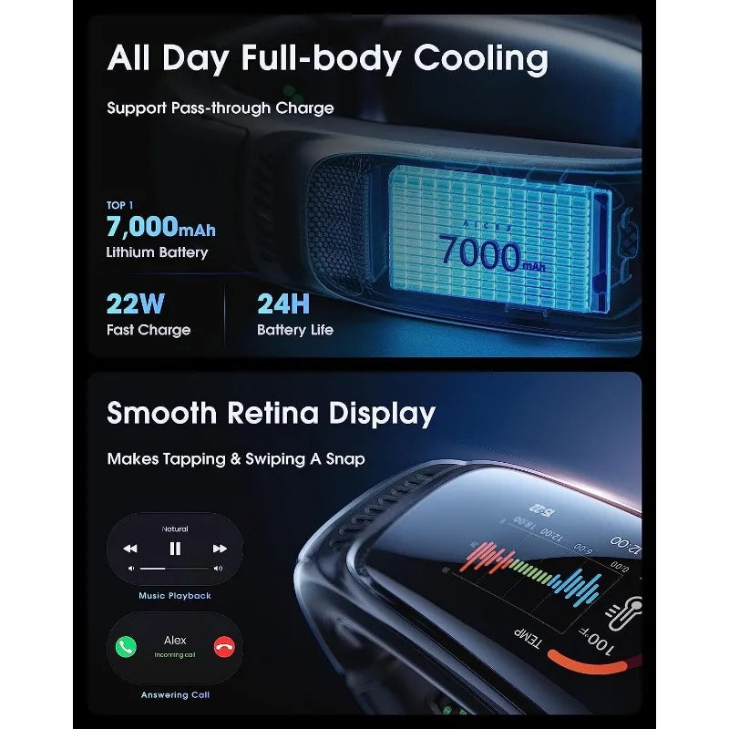 Neck Air Conditioner with 4 ICEMAX Engines, 7000 mAh Battery, Full-body Cooling/Heating, Health Monitor