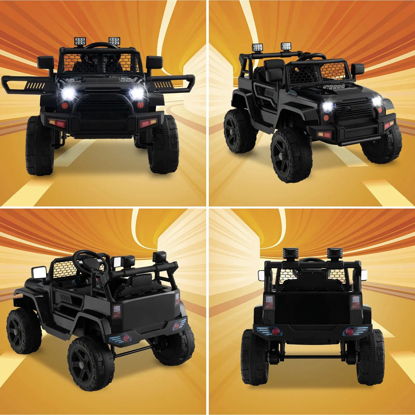 Midnight Edition Electric 12V Kids Ride On with 4 Spring Shocks, Remote Control, Lockable Doors & Screen Style Windshield