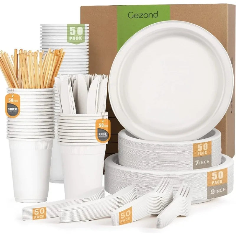 Eco-Friendly, Compostable Plates, Utensils & Cups with Straws, 350pcs