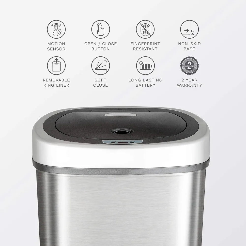 Touchless Infrared Motion Sensor Trash Can Combo Set, 13 Gallon & 2 Gallon, Stainless Steel D-Shaped Non-Skid Base & Fingerprint Resistant