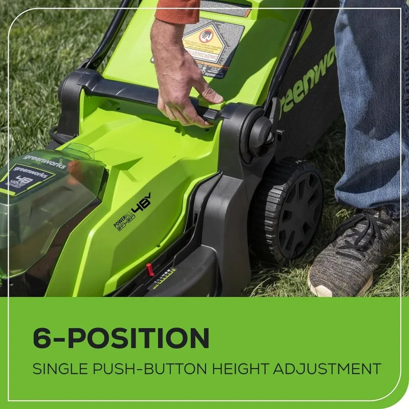 Brushless Push Mower 48V 17" with Two 4.0Ah Batteries & 2A Dual Port Charger, 6-Position Height Adjustment, Mulching & Rear Bagging