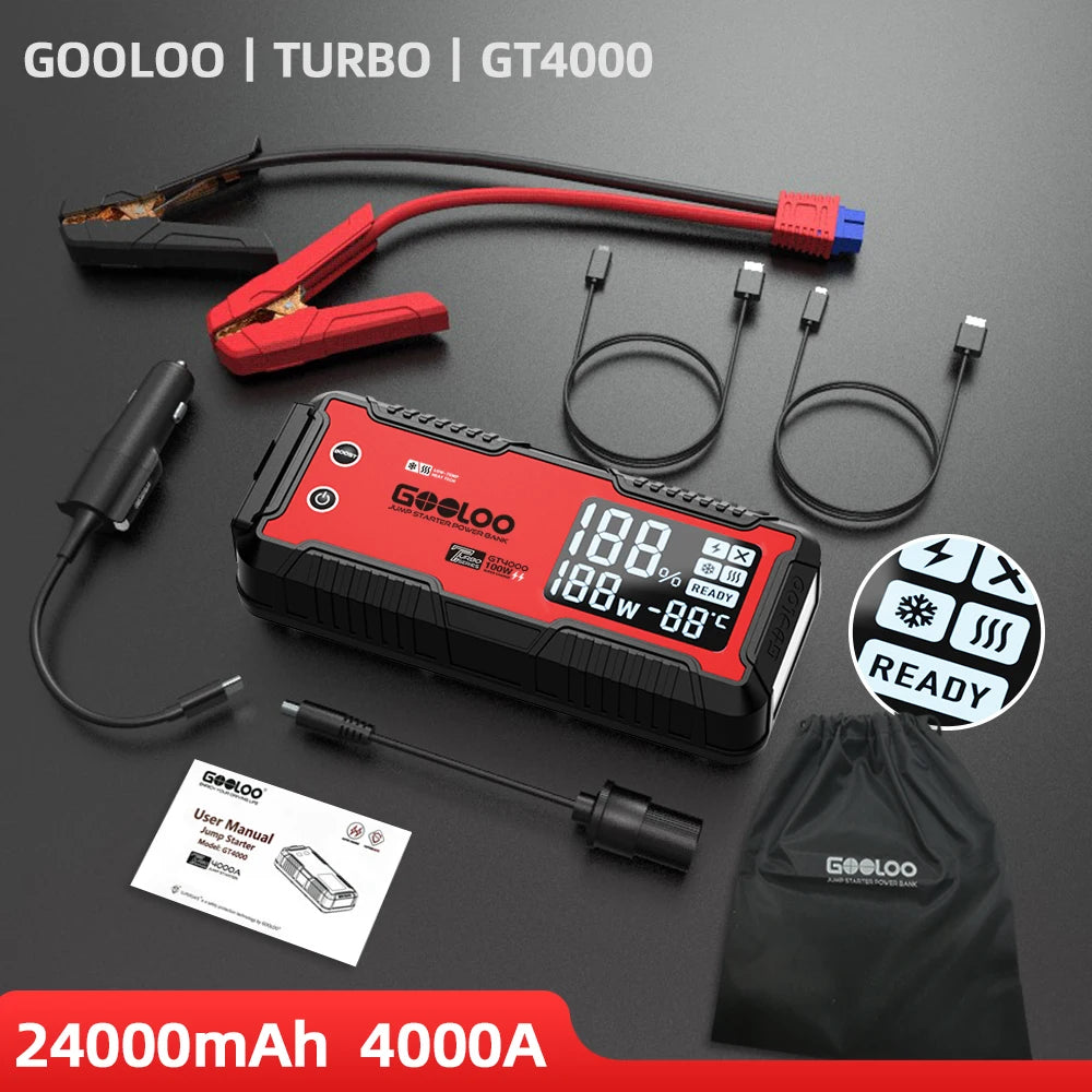 Automobile Jump Starter with 24000 mAh Power Bank, PD 100W Fast Charging, 3 LED Light Modes & 3.2” LED Screen, Operates at -40°F