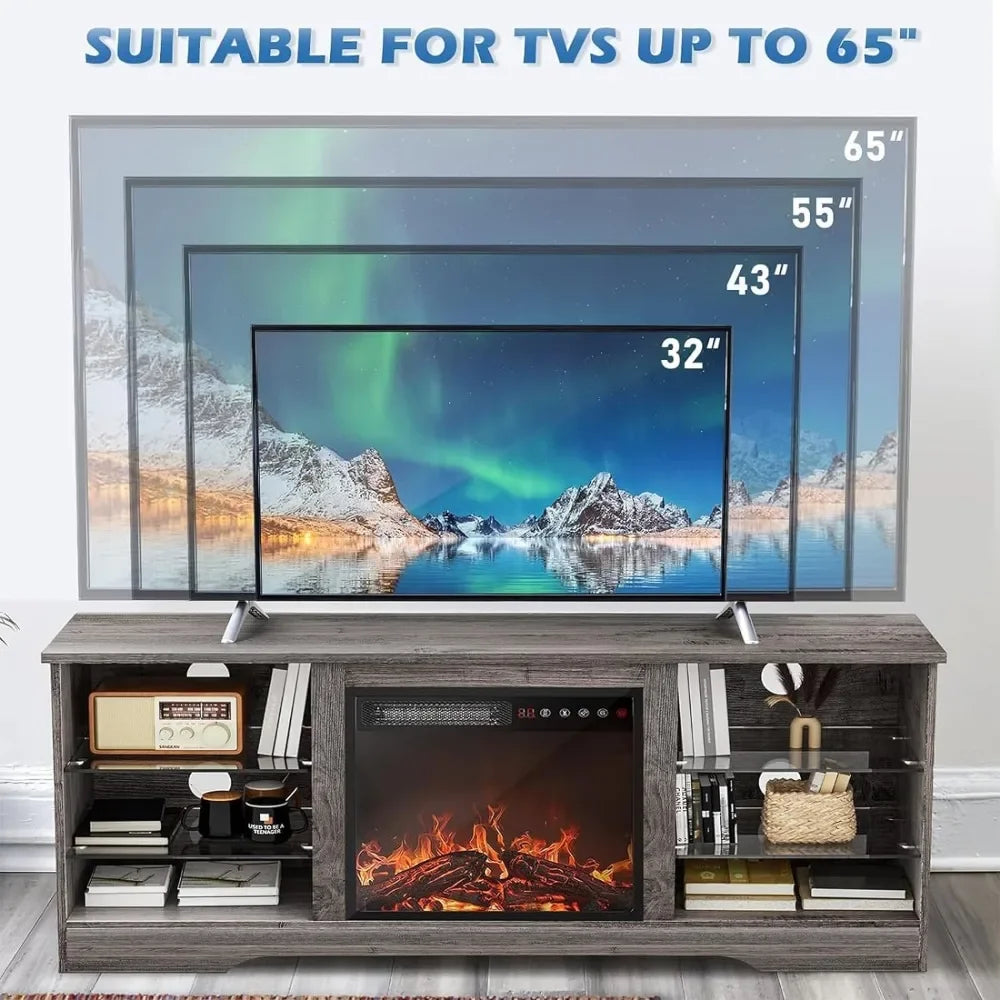 Fireplace TV Stand with 5 Flame Settings, 16 Color LED Lights, 2 Glass Door Cabinets with 2 Adjustable Shelves, Modern Entertainment Center