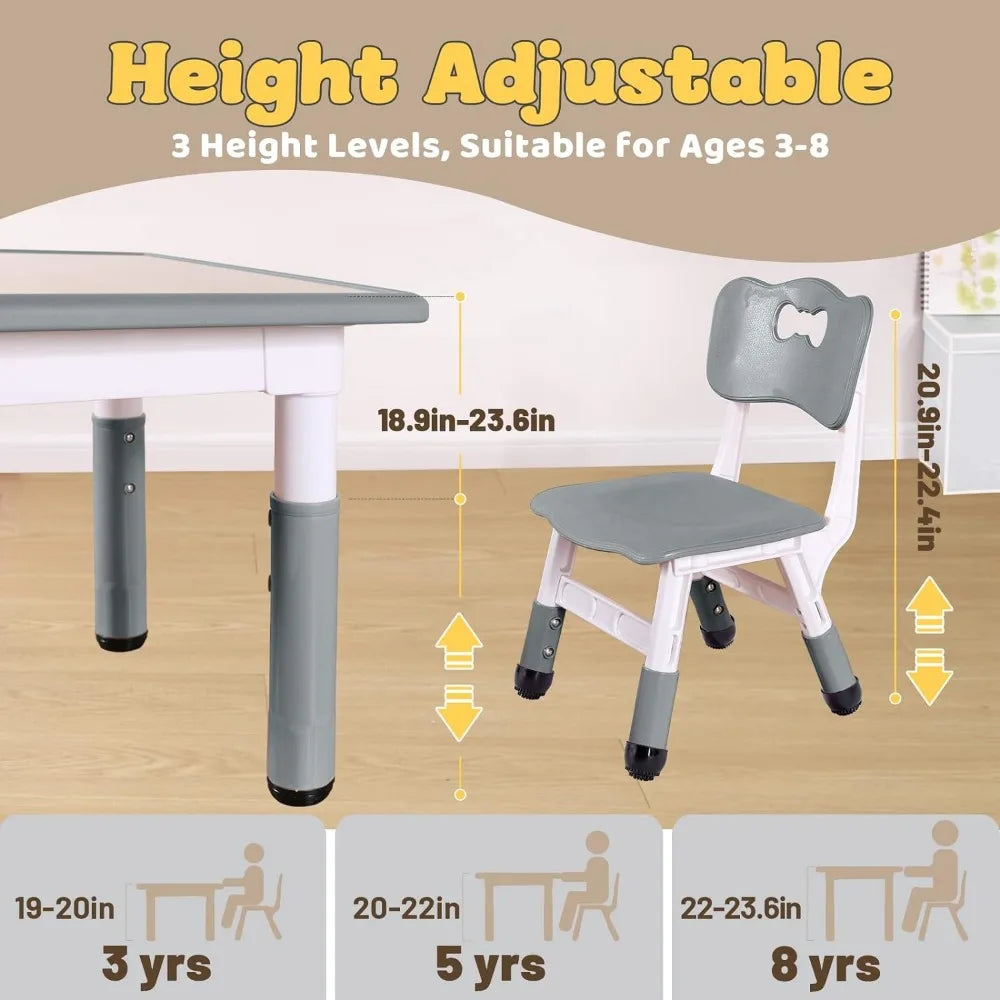 Toddler Adjustable Table & Chairs, 3 Height Levels, Easy Wipe Tabletop, Rounded Corners, Made From Healthy Materials