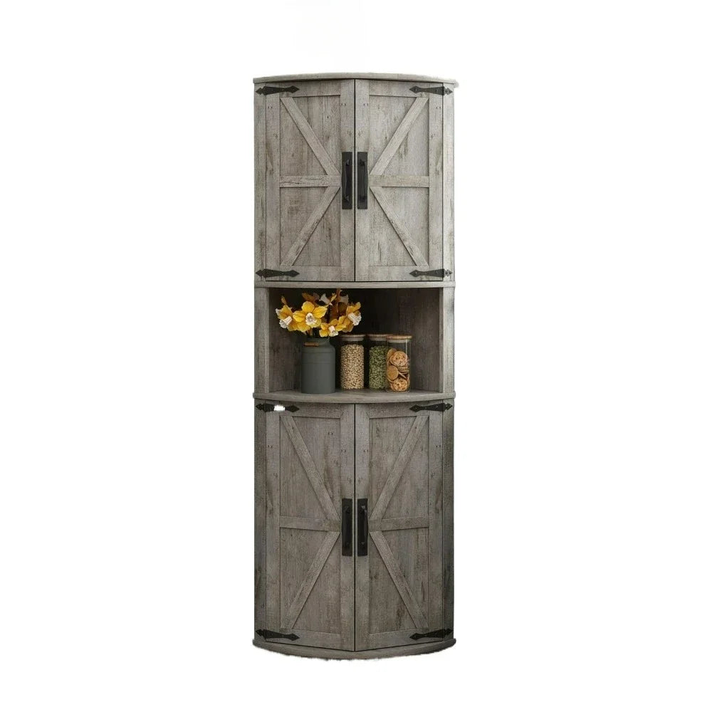 Space Saver Corner Cabinet with Right-Angle Design, 2 Enclosed Cupboards with 4 Barn Style Doors & Open Storage Shelf