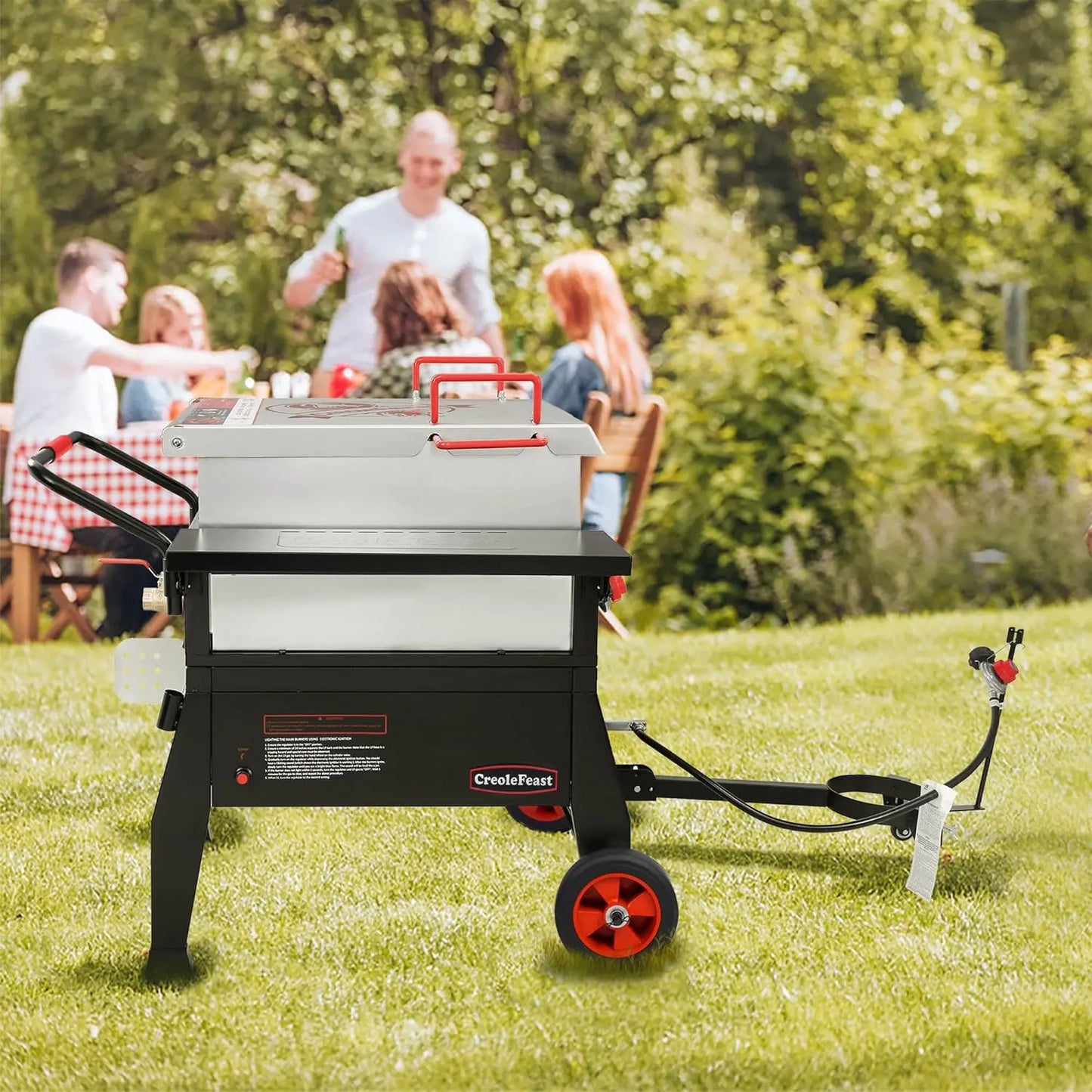 Crawfish Seafood Boiler 90 qt. with 10-psi Regulator & Tank Mounting Bracket, Easy-for-Dumping Design, Folding Front Table