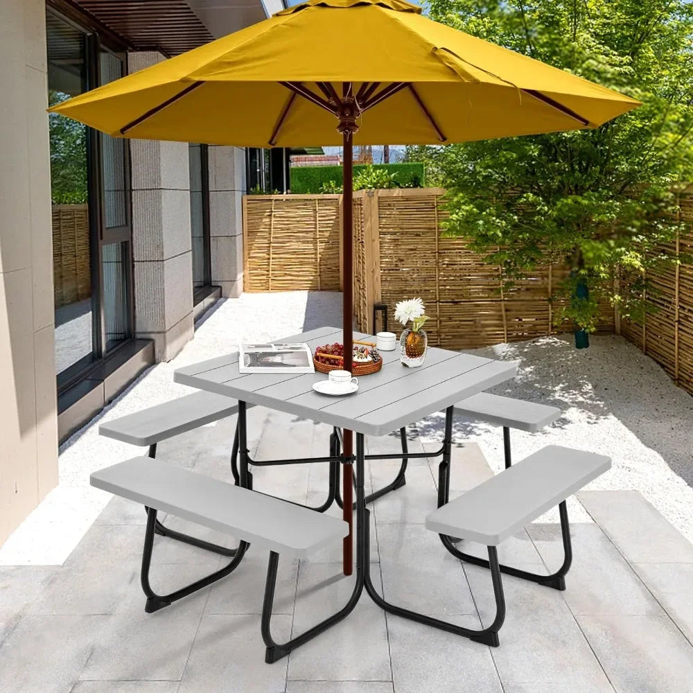 Outdoor Square Picnic Table with 4 Built-in Benches, Umbrella Hole, Metal Frame & HDPE Tabletop & Bench Seats