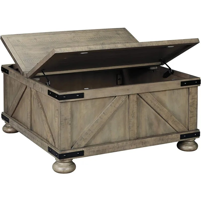 Farmhouse Square Coffee Table with Hidden Storage under 2 Side-Hinged  Lift Tops, Weathered-Look with Metal Accents