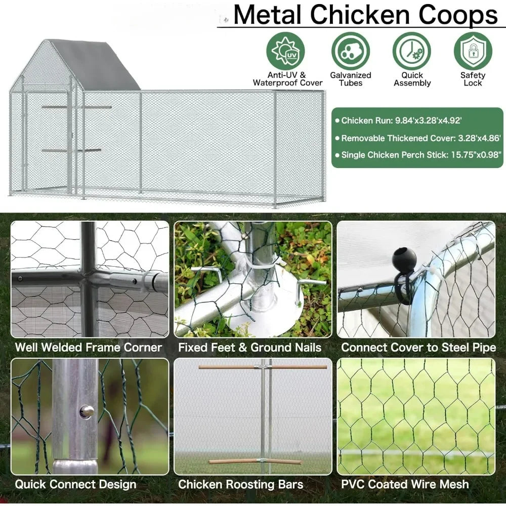 PVC Coated Metal Wire Fence Enclosure for Chickens with Waterproof Cover, Walk in Poultry Cage with Chicken Run House