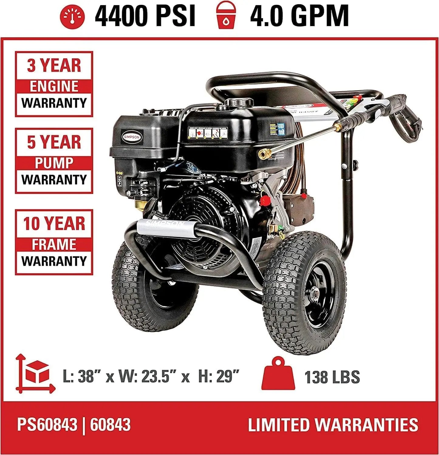 Pressure Washer 4400 PSI, 4.0 GPM, CRX 420cc Gas Engine, Includes Spray Gun & Extension Wand