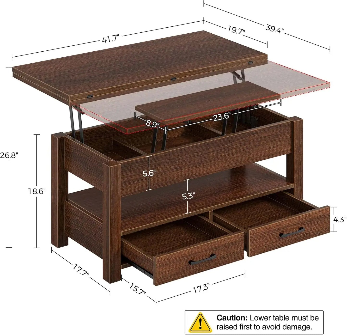 Split Lift Top Coffee Table with 3 Hidden Storage Areas & 2 Sliding Drawers, Multi-Functional Table for Smaller Rooms