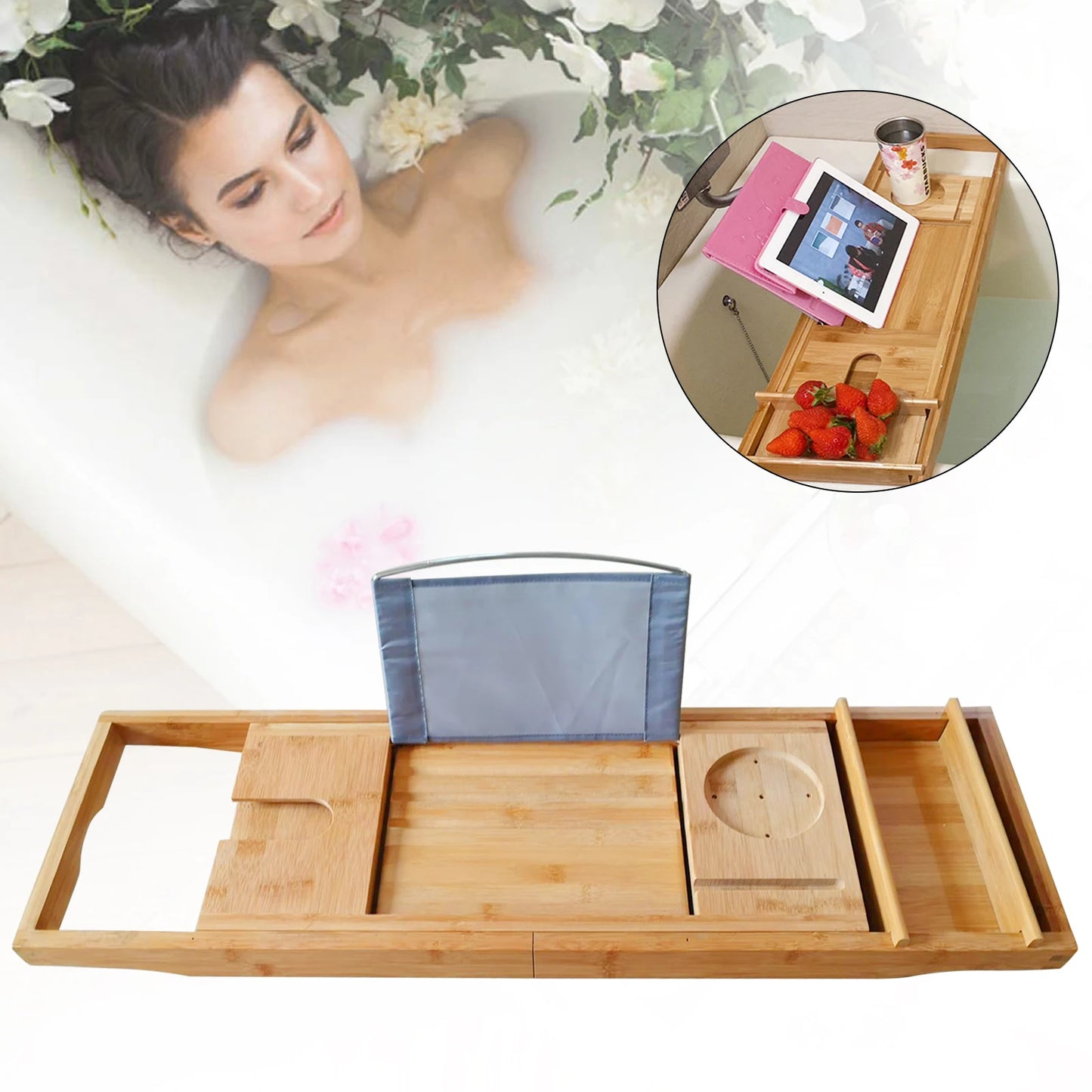 Bathtub Caddie Tray with Detachable Storage Box, Adjustable Length to Fit Tub, Bamboo Wood