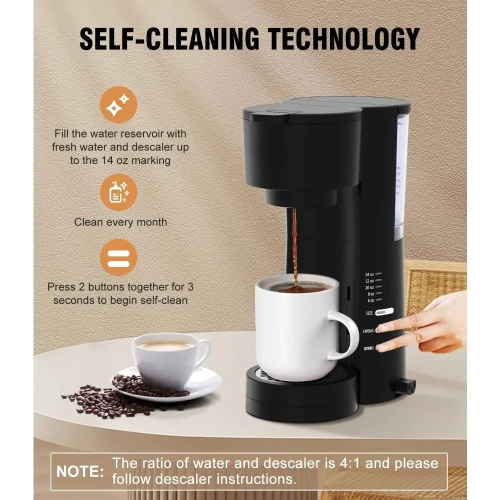 Coffee Maker Single Serve for K Cup & Ground Coffees with Milk Frother, 6 to 14 oz. Brew Sizes, Removable Water Reservoir & Removable Drip Tray